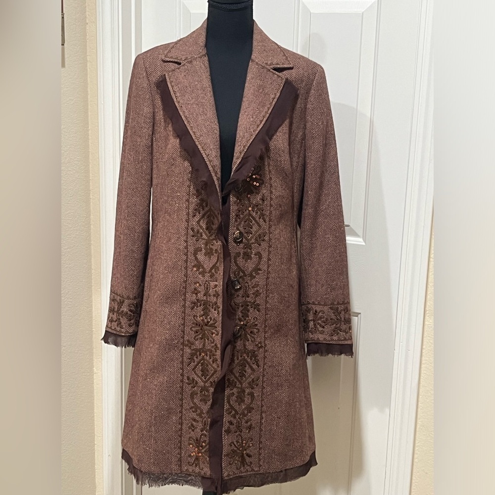 FOCUS 2000 WOOL BLEND EMBROIDERED AND BEADED TWEED BROWN WOMENS JACKET SIZE12 - Picture 3 of 11
